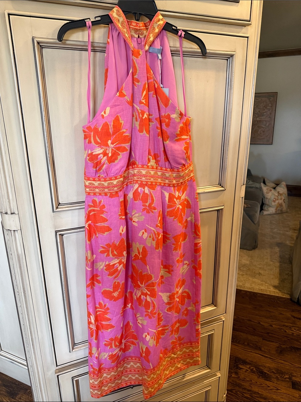 ANTONIO MELANI Pink & Orange Floral Halter Midi Dress